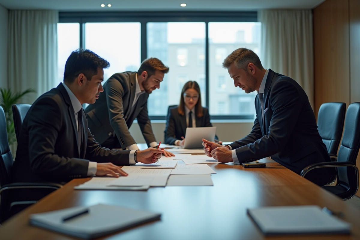 Professionnels en réunion examinant des documents juridiques