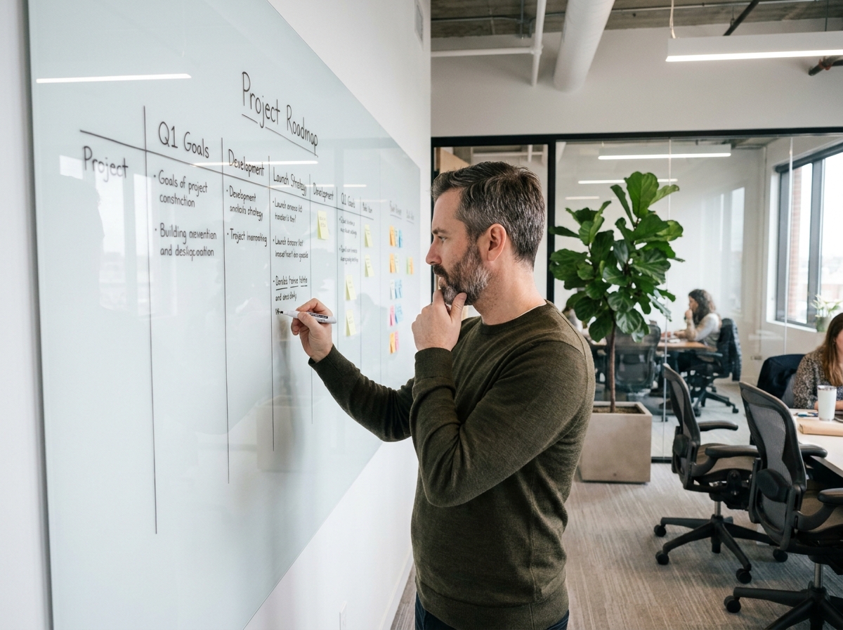 Professionnel du bien-être élaborant un projet cohérent sur un tableau blanc dans un espace de coworking moderne