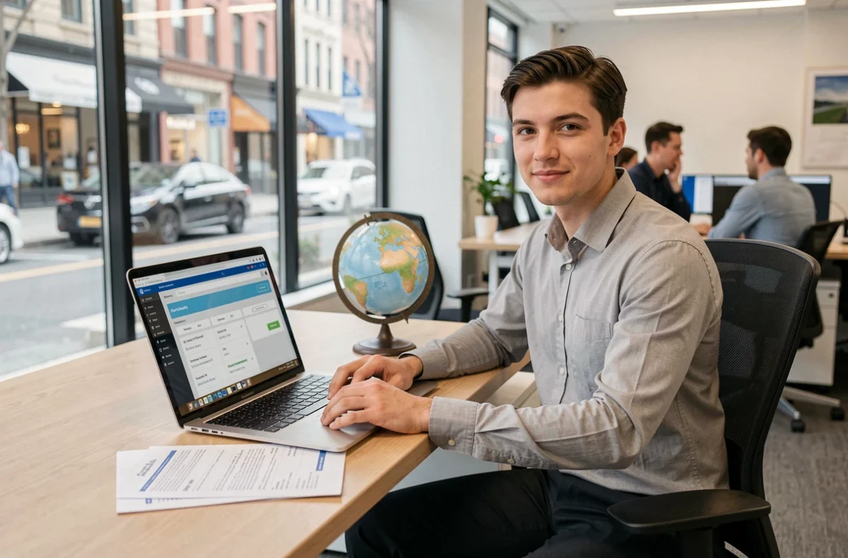 Étudiant en reconversion après un BTS Tourisme travaillant dans une agence de voyages moderne