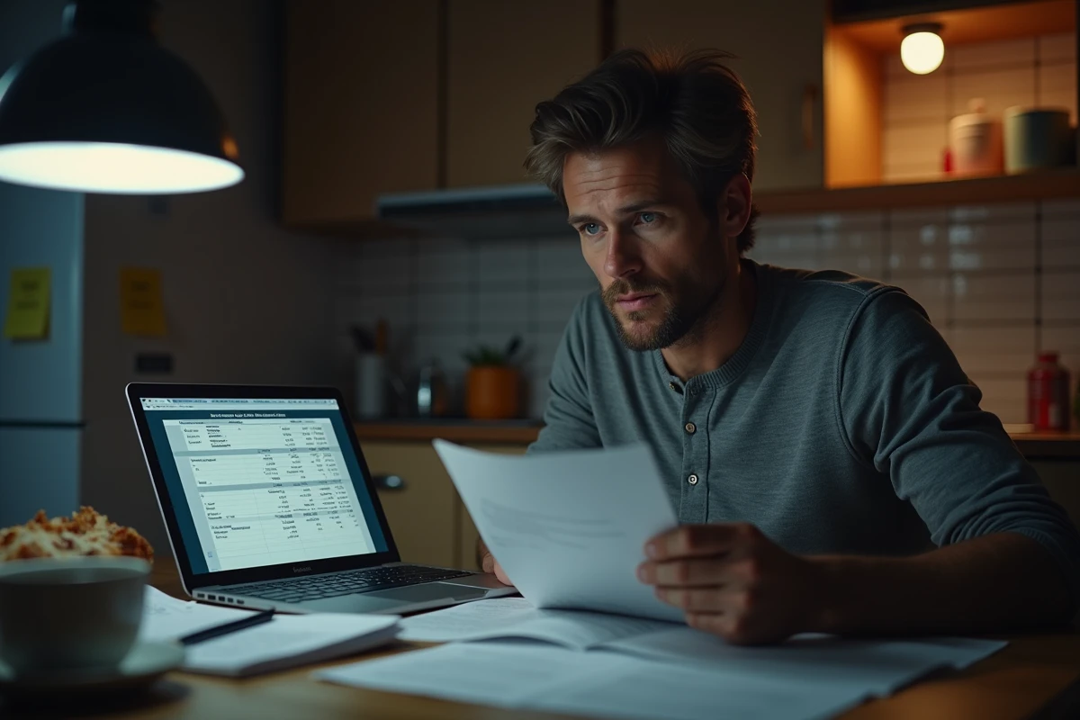 Homme en reconversion professionnelle comparant les salaires d'enseignant sur un ordinateur portable dans sa cuisine