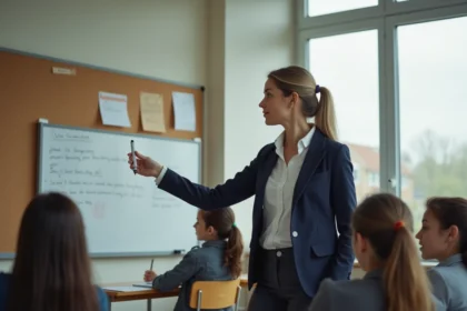 Enseignante en reconversion professionnelle devant un tableau blanc dans une salle de classe secondaire française