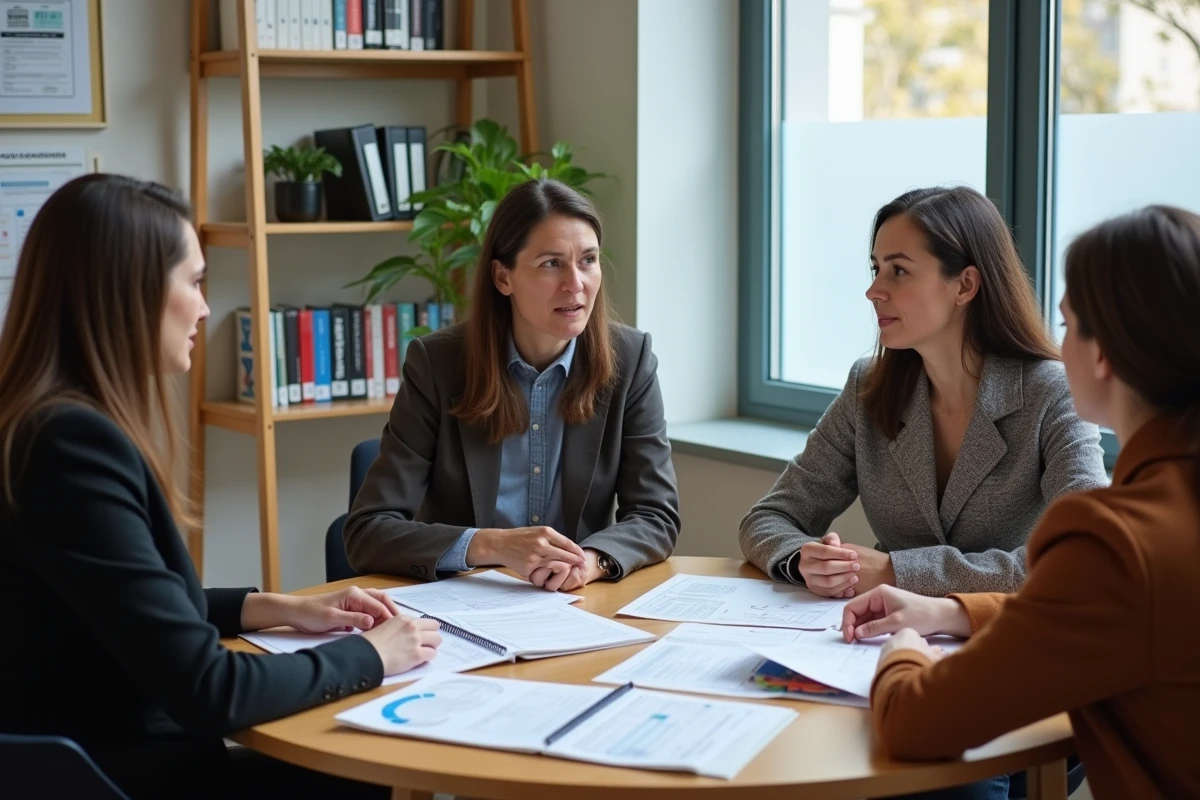 Groupe d'adultes en reconversion discutant des grilles salariales de l'enseignement dans un bureau d'orientation