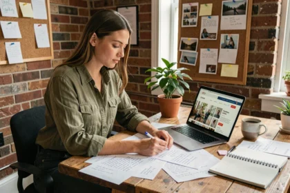 Jeune femme réfléchissant à sa reconversion professionnelle dans un bureau à domicile avec notes et portfolio en ligne
