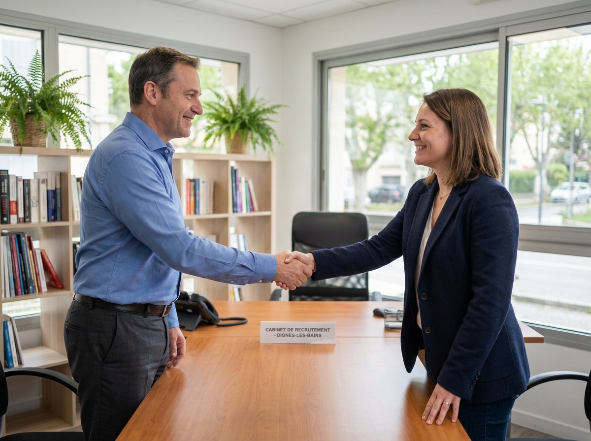 Homme et recruteur se serrant la main dans un bureau moderne