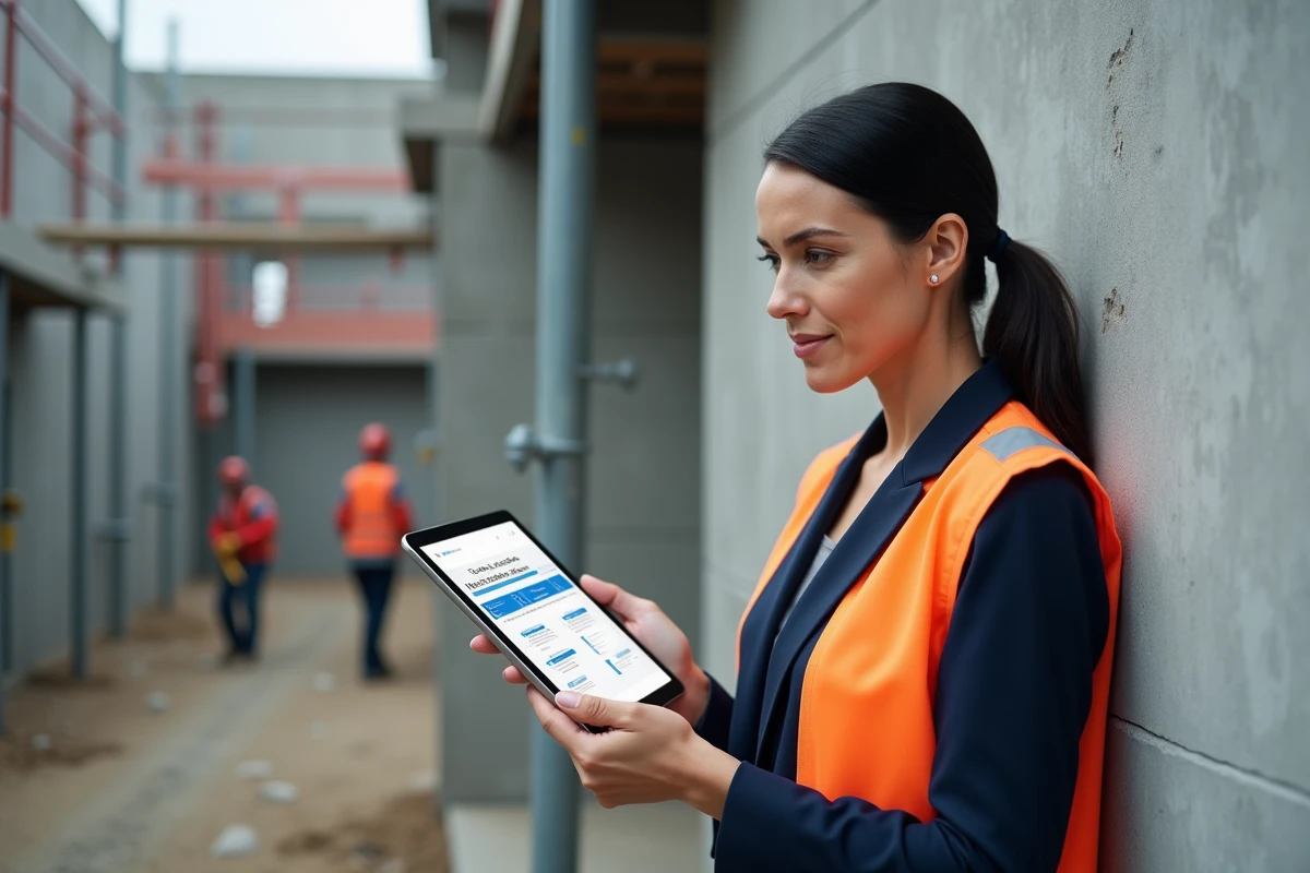 Responsable de formation BTP comparant les tarifs des formations professionnelles sur tablette sur un chantier
