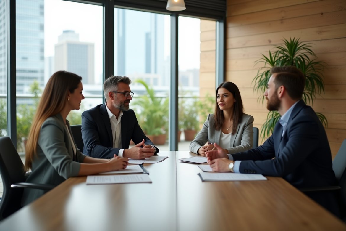 Groupe de quatre adultes en réunion dans un bureau moderne