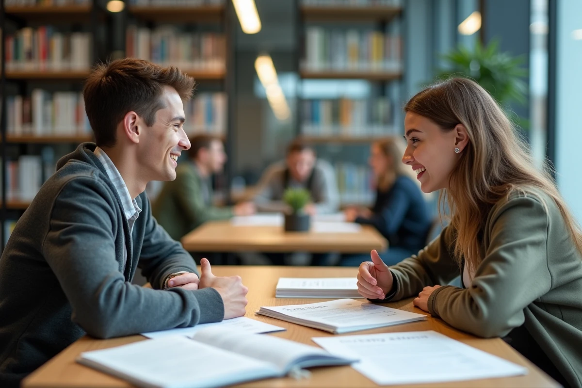 Deux étudiants révisant le conditionnel présent espagnol ensemble à une table de bibliothèque universitaire