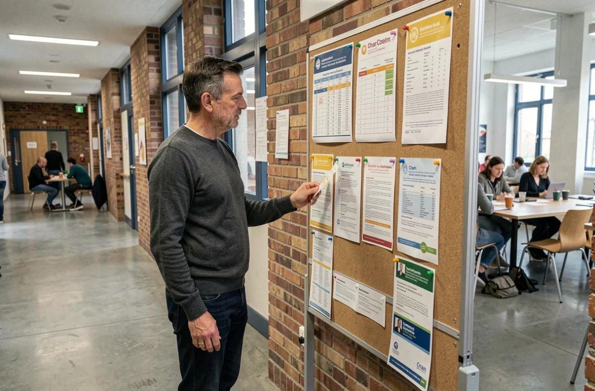 Salarié en poste consultant les programmes de formation du Cnam dans le couloir d'un campus universitaire