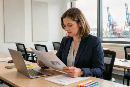 Salariée en formation continue au Cnam de Saint-Nazaire, assise dans une salle de cours moderne avec vue sur la ville portuaire