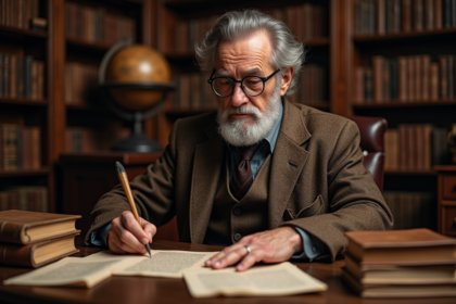 Homme age en tweed dans une bibliothèque ancienne