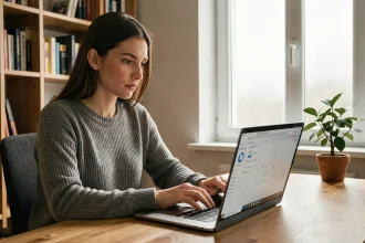 Femme sécurisant son compte en ligne sur un ordinateur portable dans un bureau à domicile