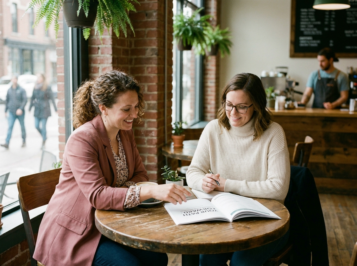 Deux femmes en session de coaching personnel autour d'un projet professionnel dans un café chaleureux