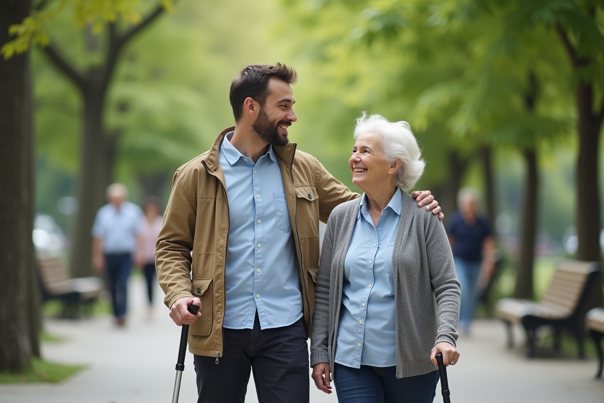 Travailleur social et femme âgée dans un parc urbain