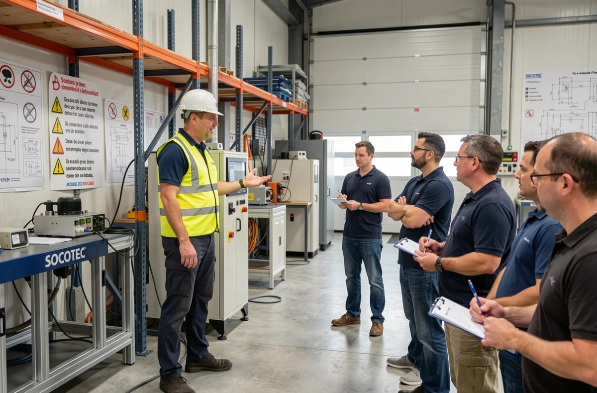 Formateur en sécurité industrielle présentant un équipement d'inspection dans un centre de formation SOCOTEC