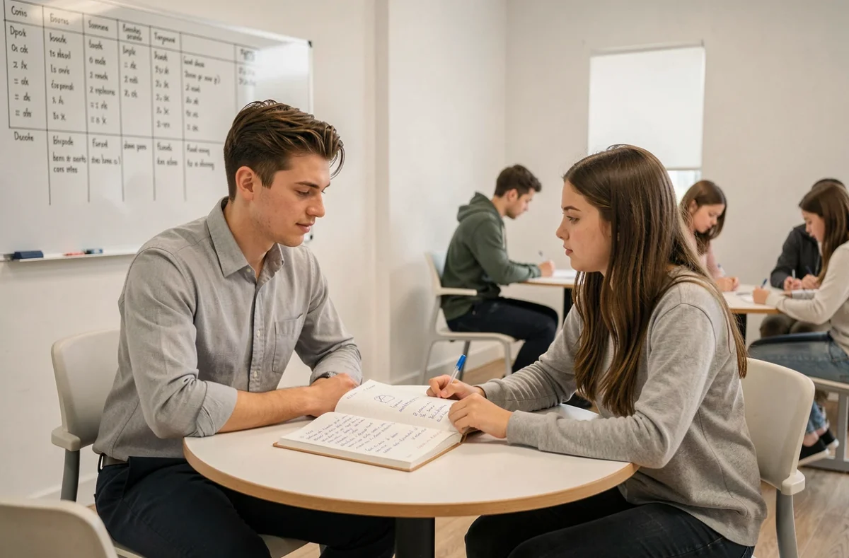 Enseignant de Solution Cours accompagnant une collégienne dans ses révisions de français dans un centre de tutorat moderne et lumineux.