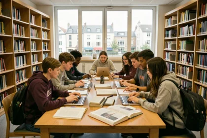 Groupe d'élèves diversifiés qui étudient ensemble dans une bibliothèque municipale de Seine-Saint-Denis, illustrant le soutien scolaire dans le département.