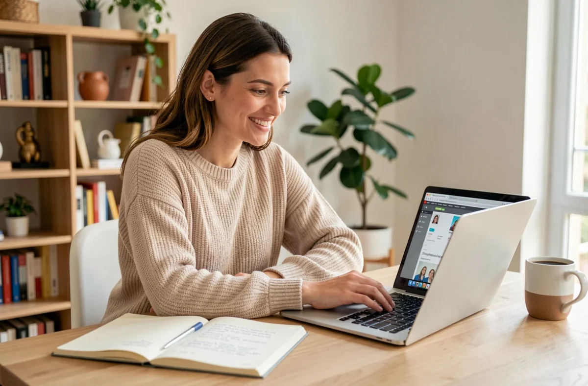 Jeune femme suivant une formation e-learning Sowelearn sur son ordinateur portable depuis son bureau à domicile à Toulouse