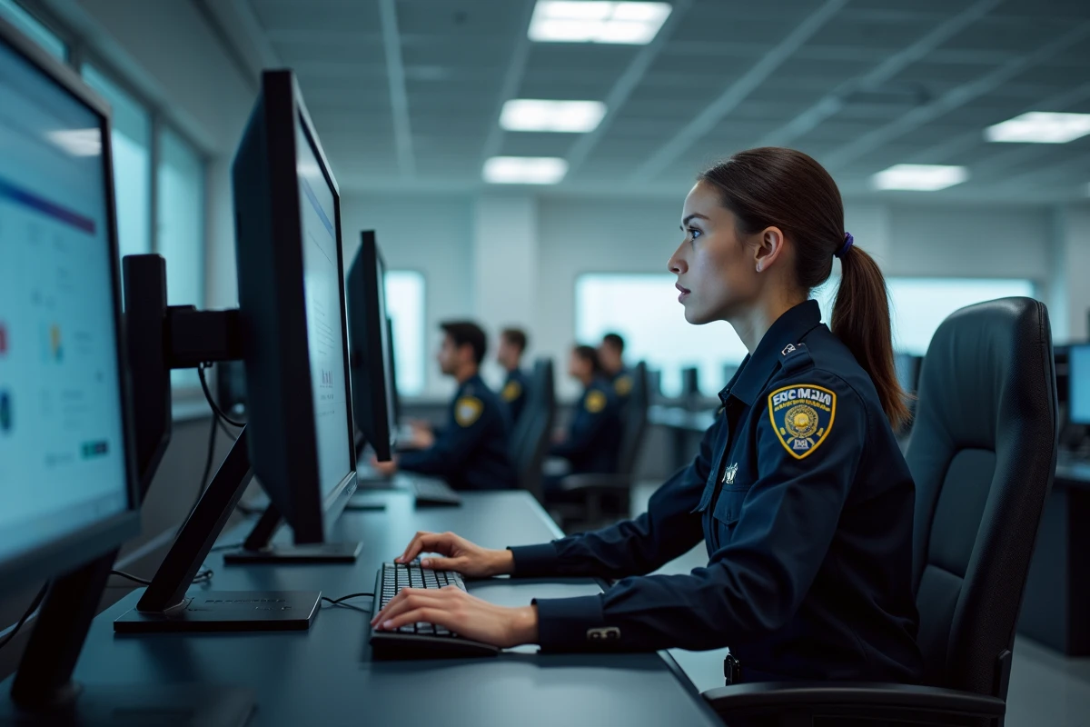 Stagiaire en police utilisant un poste informatique dans un laboratoire d'apprentissage numérique pour passer une évaluation eCampus
