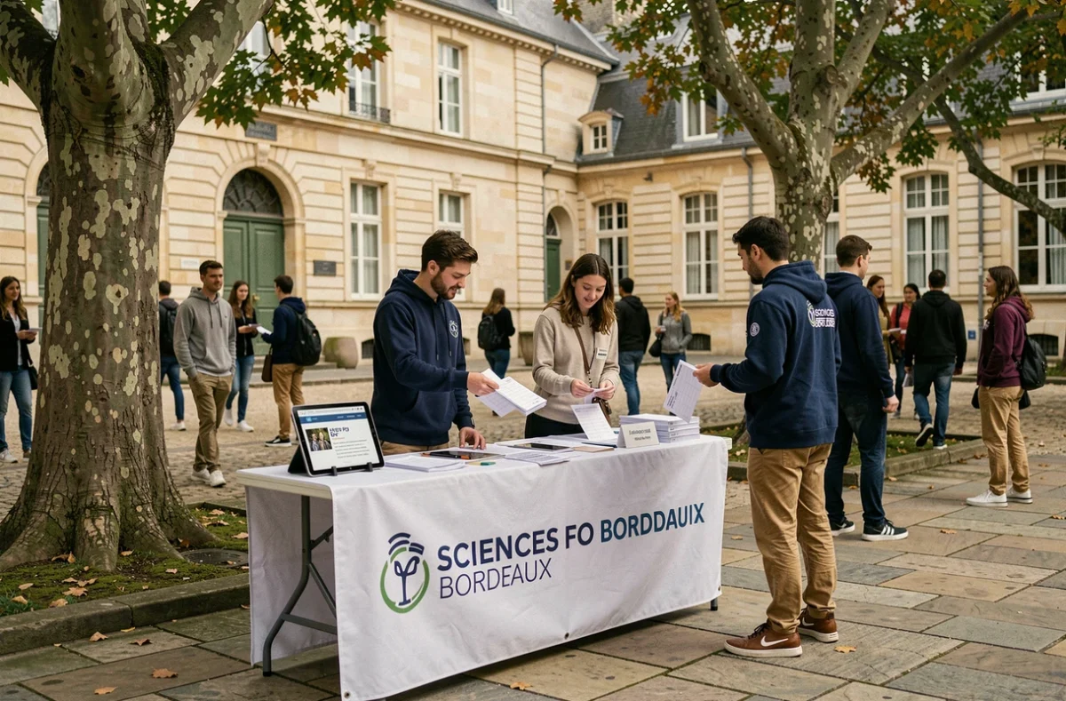 Stand d'association étudiante présentant les événements du campus via l'ENT de Sciences Po Bordeaux dans la cour extérieure