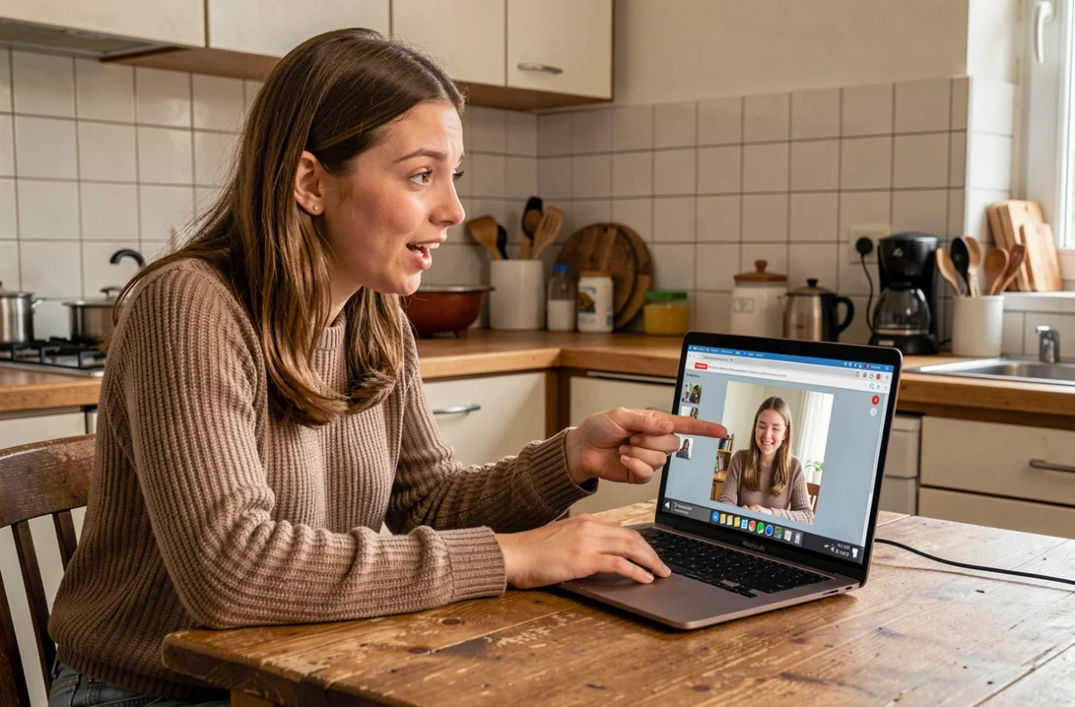 Tutrice indépendante Superprof donnant un cours particulier en ligne depuis son appartement, connectée à un élève via visioconférence sur ordinateur portable.