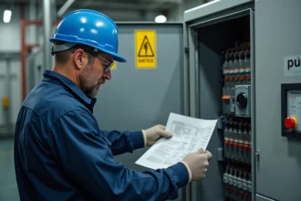 Technicien électrique en uniforme de sécurité dans une salle industrielle
