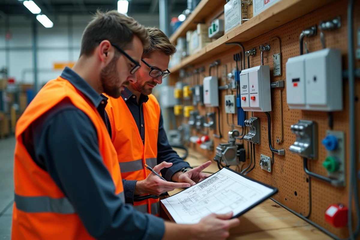 Deux techniciens révisant ensemble les exercices pratiques d'habilitation électrique sur un poste de travail de formation