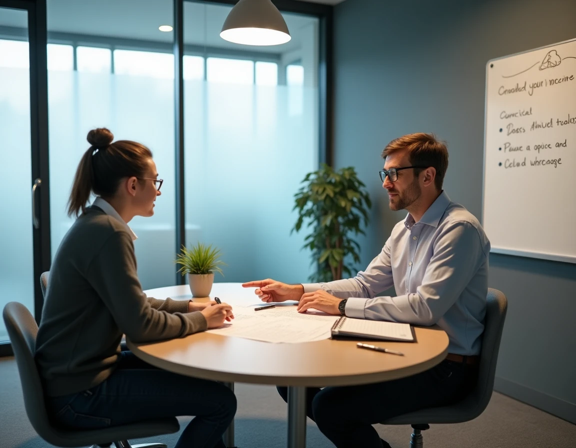 Tuteur de stage expliquant les erreurs de formulation d'une appréciation à un stagiaire lors d'un entretien de bilan