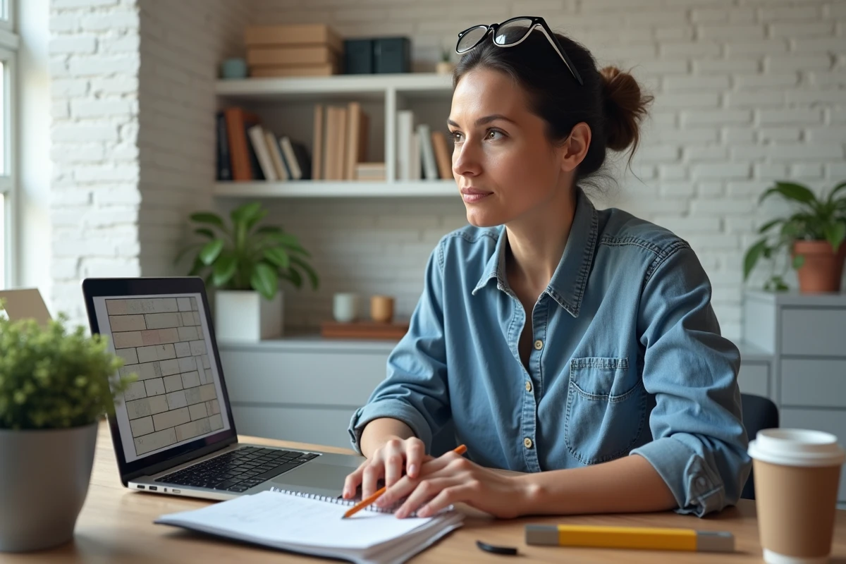 Femme regardant un tutoriel de bricolage en ligne sur ordinateur portable avec prise de notes