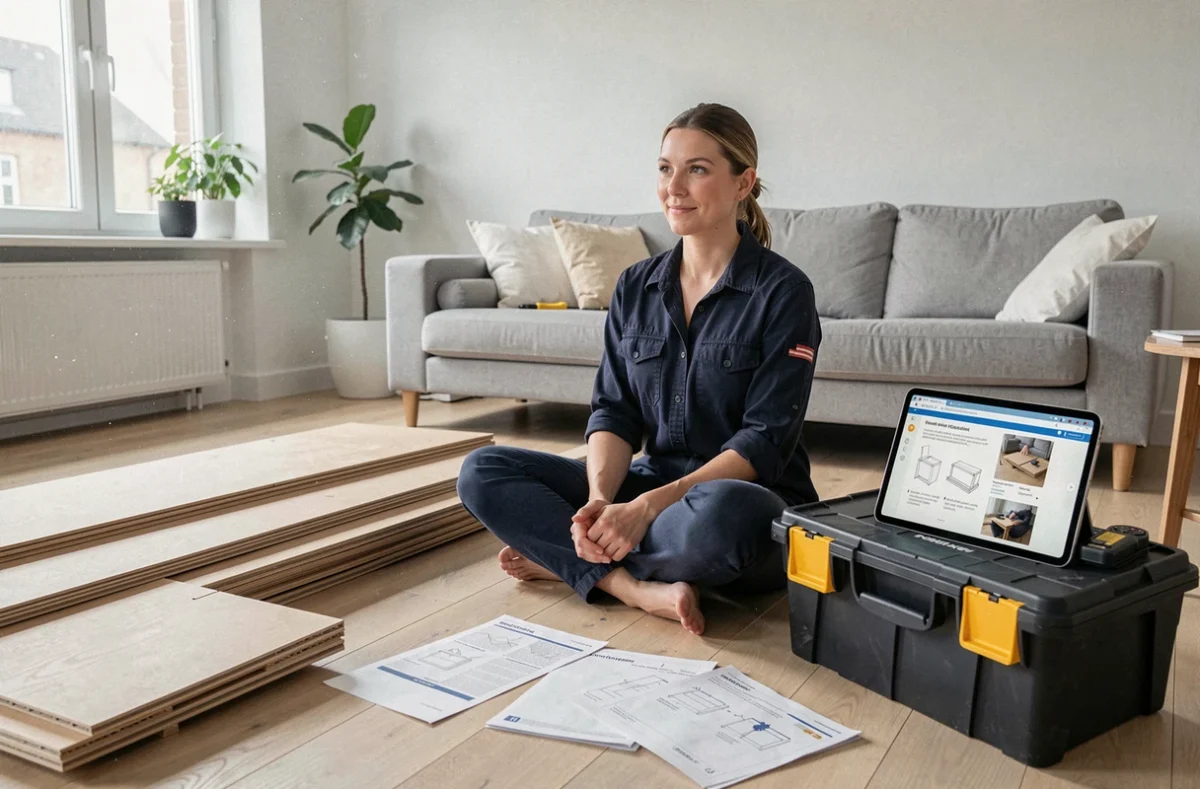 Femme assemblant des meubles chez elle en suivant un tutoriel bricolage en ligne sur une tablette