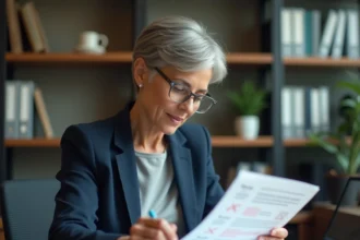 Tutrice de stage corrigeant une fiche d'appréciation avec des annotations au stylo rouge dans un bureau professionnel