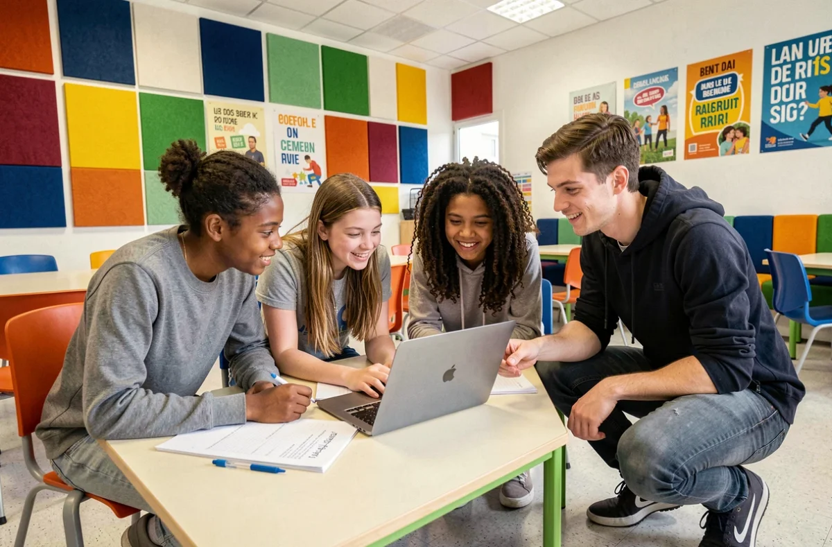 Groupe de lycéens travaillant ensemble sur un projet avec l'aide d'un facilitateur ZUPdeCO dans un espace collaboratif d'un établissement scolaire de zone prioritaire.